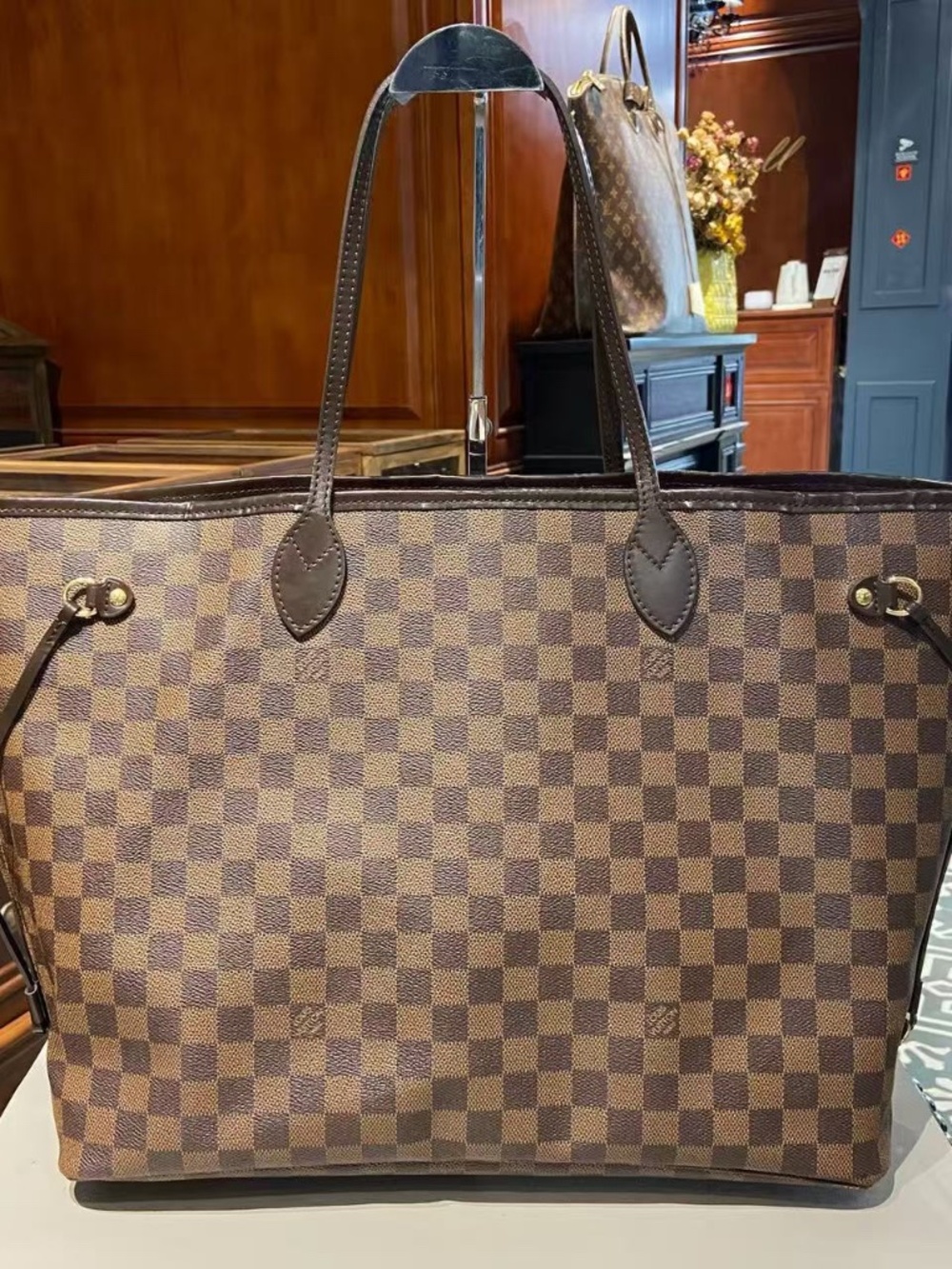 N16 Slightly Used Louis Vuitton Neverfull Brown Chekerboard Bag Big